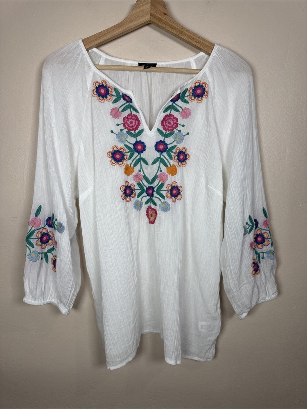 Talbots Women’s Peasant Blouse Gauzy Cotton Floral Embroidered Boho M